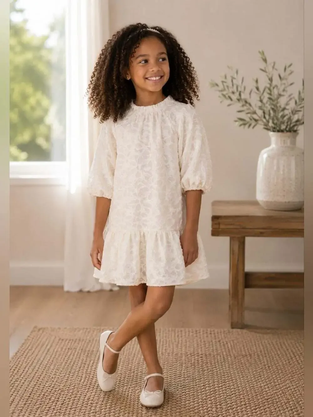 Zara Girls Ivory Textured Drop Waist Dress Size 7 122 Pearl Button Party